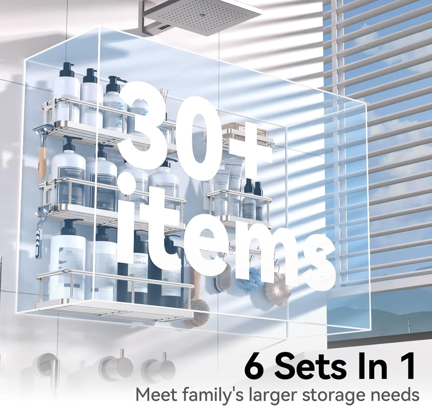 YASONIC Shower Caddy - 6 Pack Large Capacity Bath Organizer with Soap Holder & 12 Hooks | Rustproof Silver Shelves