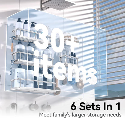 YASONIC Shower Caddy - 6 Pack Large Capacity Bath Organizer with Soap Holder & 12 Hooks | Rustproof Silver Shelves