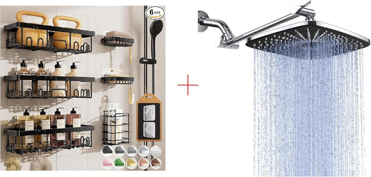 Veken Shower Head - High-Pressure Water Flow with Adjustable Settings | Sleek Shower Caddy Included
