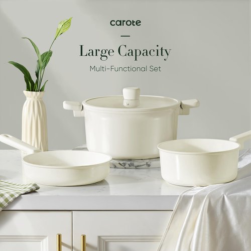 CAROTE 18Pcs Nonstick Ceramic Cookware Set, PFAS/PFOA Free, Cream White Pots and Pans Set Non Stick, Non-toxic Cookware,Kitchen Cooking Pan Set, Large Capacity