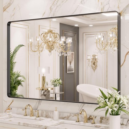 LOAAO Black Metal Framed Bathroom Mirror - 55X36 Inch Large Rounded Rectangle, Anti-Rust Tempered Glass