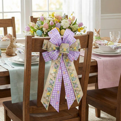 Purple Gingham Easter Bunny Wreath Bow - 21 Inch Large Wired Ribbon for Front Door & Spring Decor