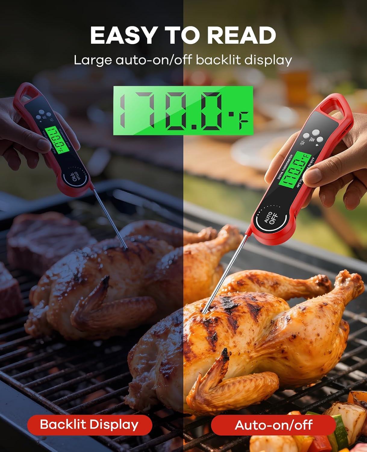 Skiennix Digital Meat Thermometer - Instant Read with Backlight & Waterproof Design for BBQ, Turkey, Candy, Beef