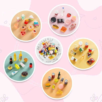 Skiennix Miniature Food & Drink Bottles Set - 50 Pcs for Dollhouse Play | Includes Soda Cans & Desserts