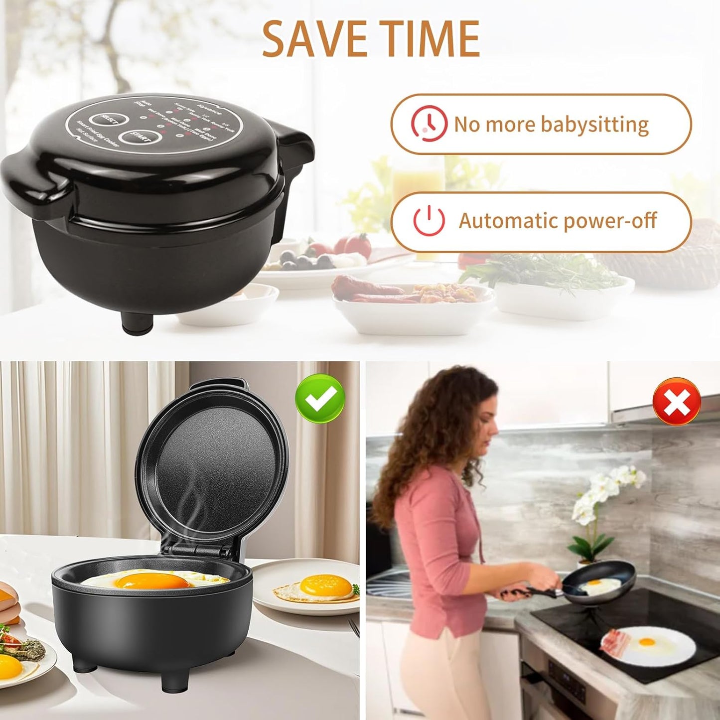Smart Fried Egg Cooker - Automatic Maker for 6 Styles, Non-Stick Coating, Black Finish