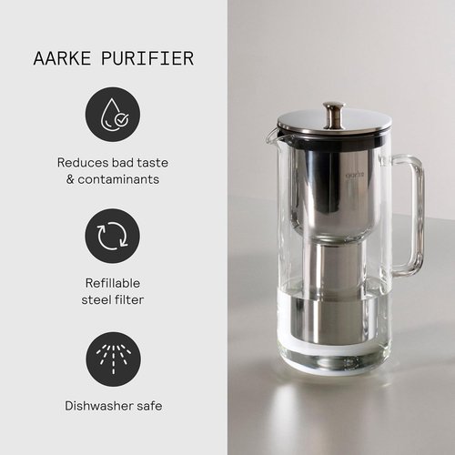 Aarke Purifier - Premium Glass & Stainless Steel Water Filter Pitcher | 2.4L Capacity, Refillable System