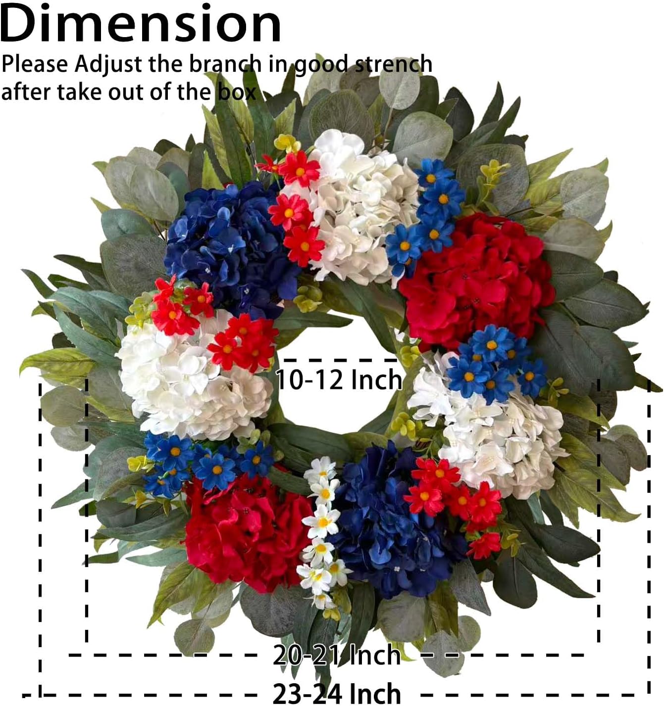 WANNA-CUL 24-Inch Patriotic Hydrangea Wreath - Red, White & Blue 4th of July Door Decor