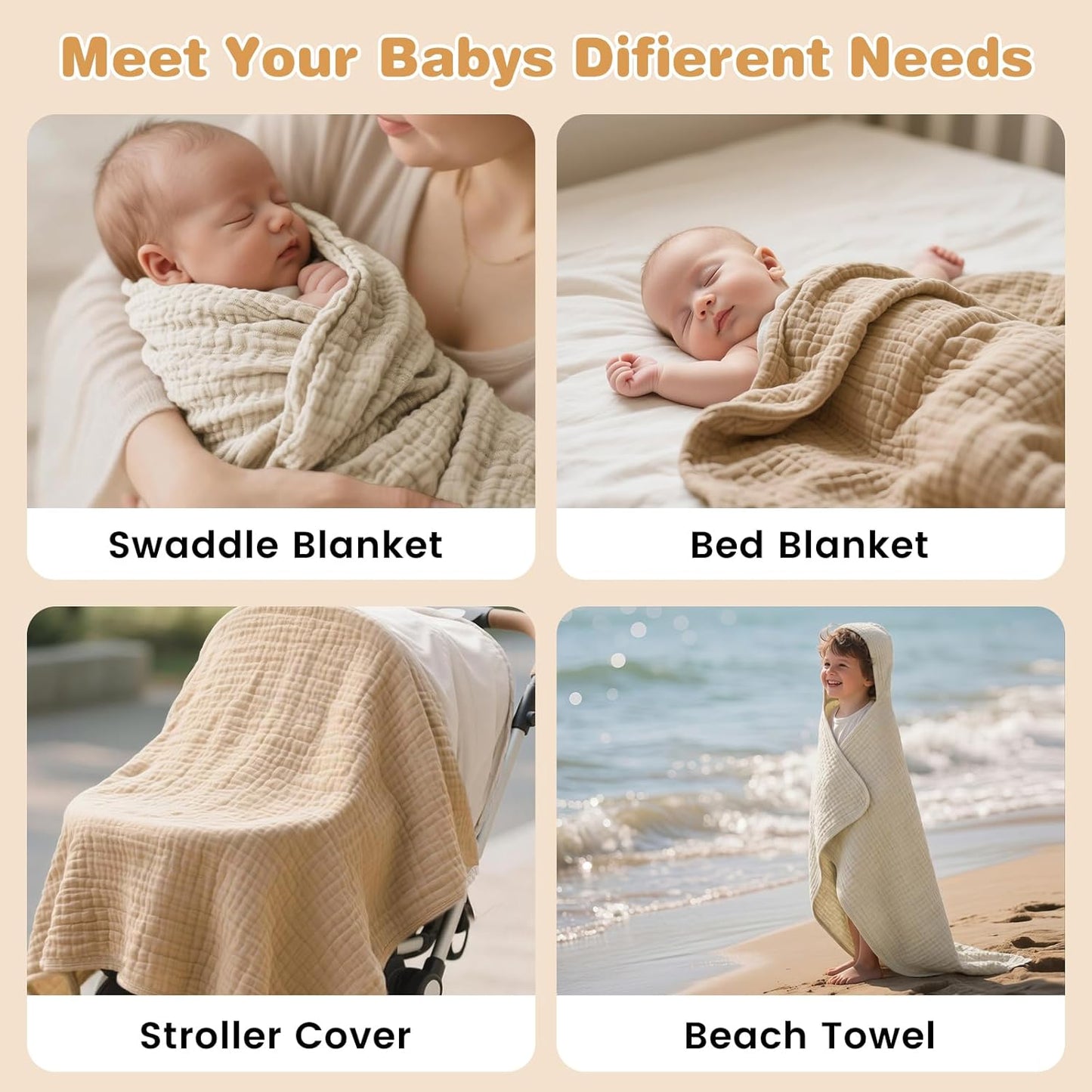 Skiennix Hooded Baby Bath Towels - Soft 100% Muslin Cotton, 6-Layer Absorbent, 32x32 Inch, Unisex 2 Pack