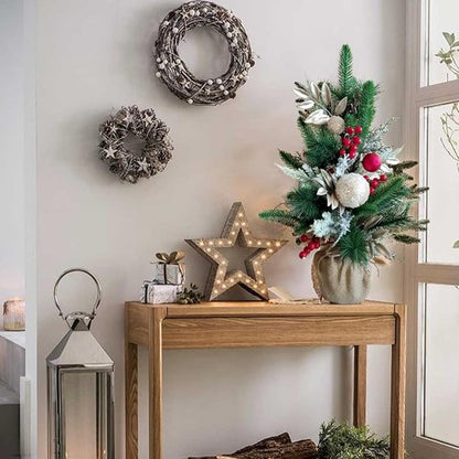 Idyllic 21-Inch Snowy Mini Christmas Tree - Flocked Tabletop Holiday Decor with Red Berries & Cloth Bag Base