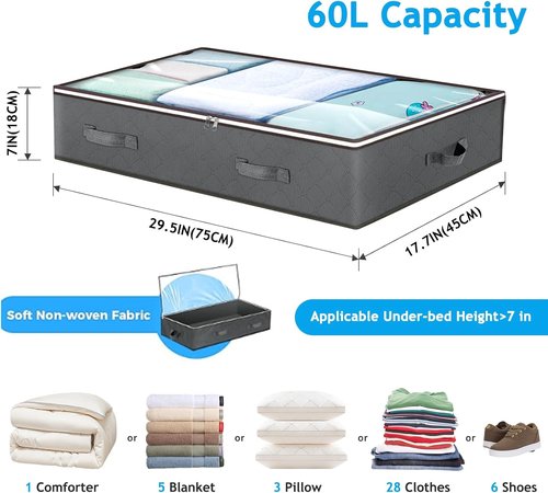 Budding Joy 60L Under Bed Storage Containers - Clear Lids & Foldable Design for Clothes, Blankets, Shoes | Ideal Home & Dorm Organization