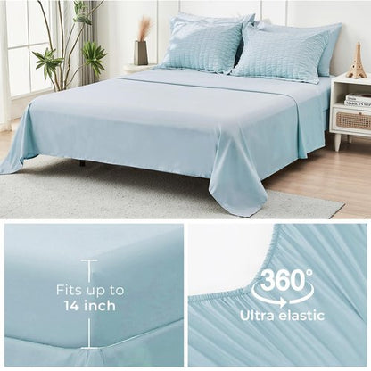 HYMOKEGE Lake Blue King Size Comforter Set Seersucker 7 Pieces, All Season Luxury Bed in a Bag for Bedroom, Bedding Set with Comforters, Sheets, Pillowcases & Shams