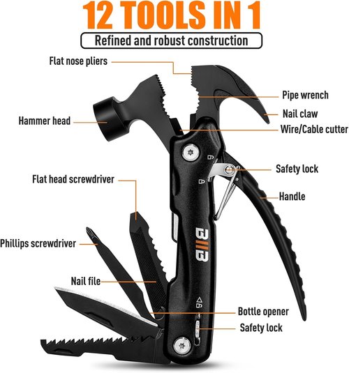 BIIB 12-in-1 Hammer Multitool - Ultimate Gift for Men | Perfect for Father's Day, Birthdays, Camping Essentials
