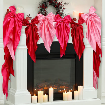 Skiennix Pink Bow Garland Banner - Satin Ribbon Decor for Fireplace | Perfect for Bachelorette, Bridal Shower & Birthday Parties (3 Red)