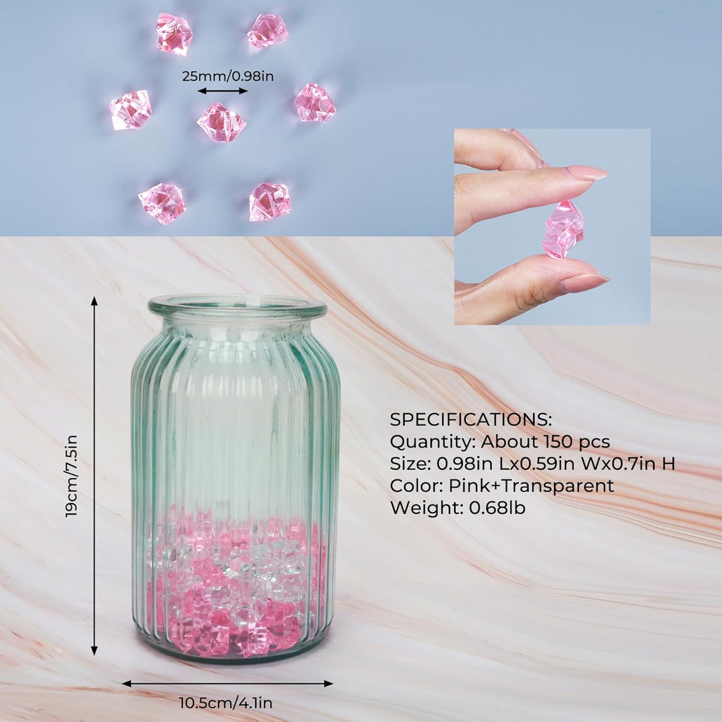 Babenest Acrylic Crushed Ice Rocks - 150 PCS Fake Crystals for Home Decor & Events | Pink/Clear