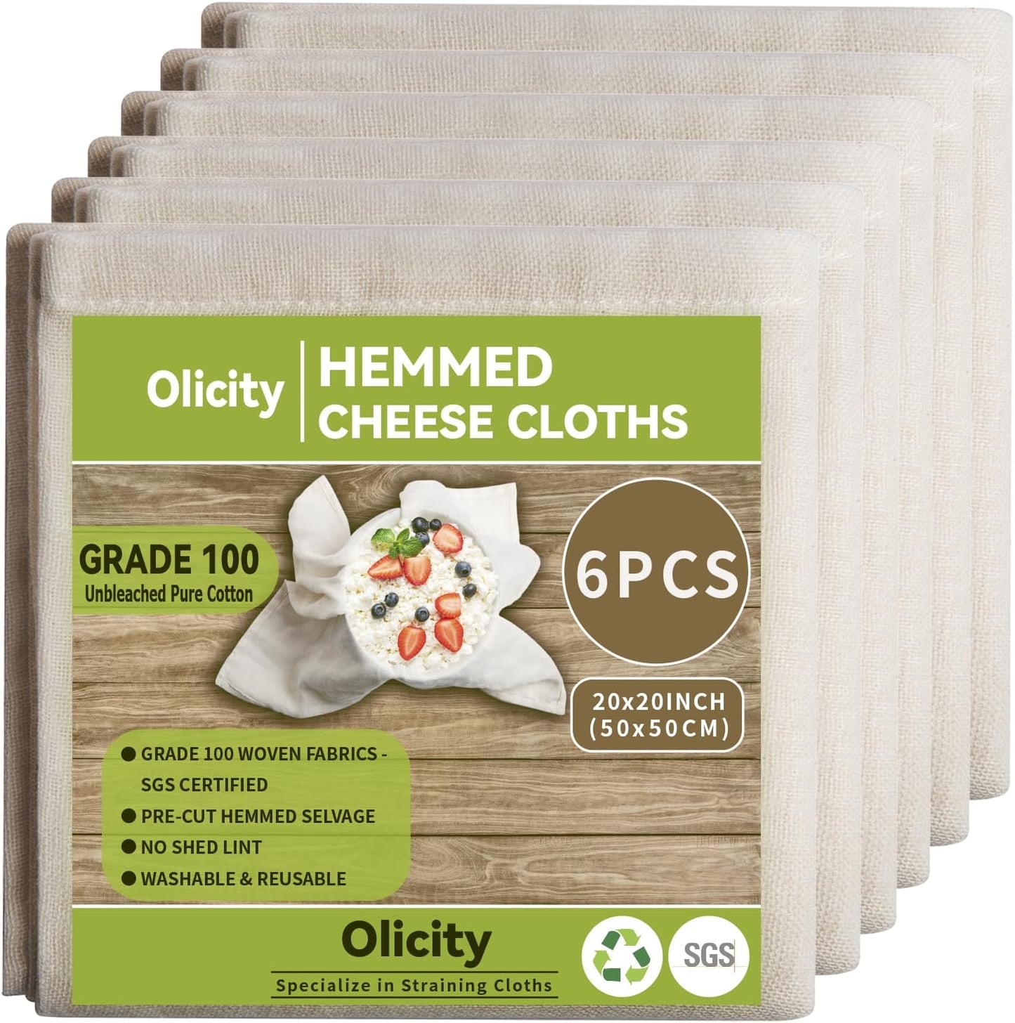 Olicity Cheese Cloths - 100% Cotton Unbleached Muslin | 6PCS, 20x20 Inch for Straining & Cooking
