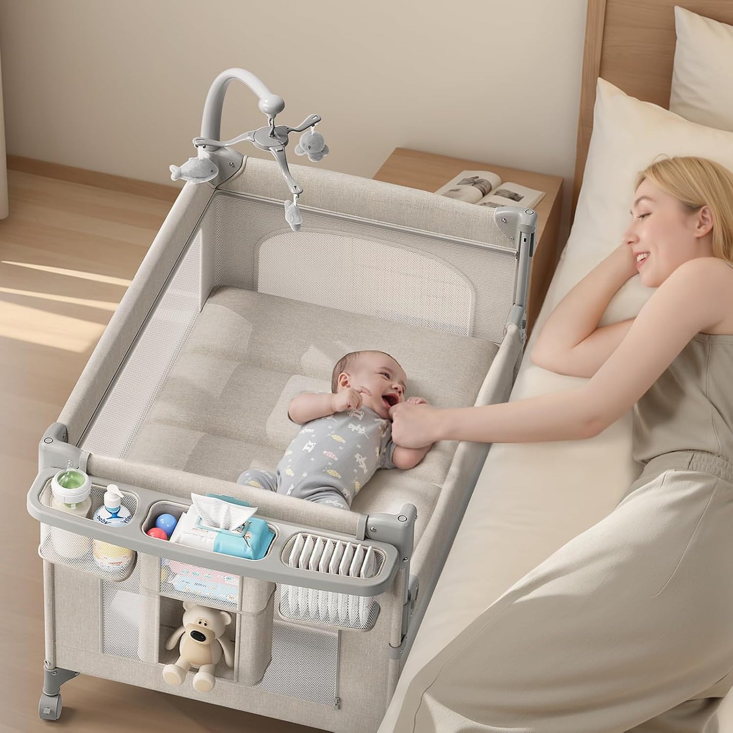 TinyGlow 4-in-1 Baby Bassinet - Portable Crib with Mattress, Diaper Changer & Mosquito Net
