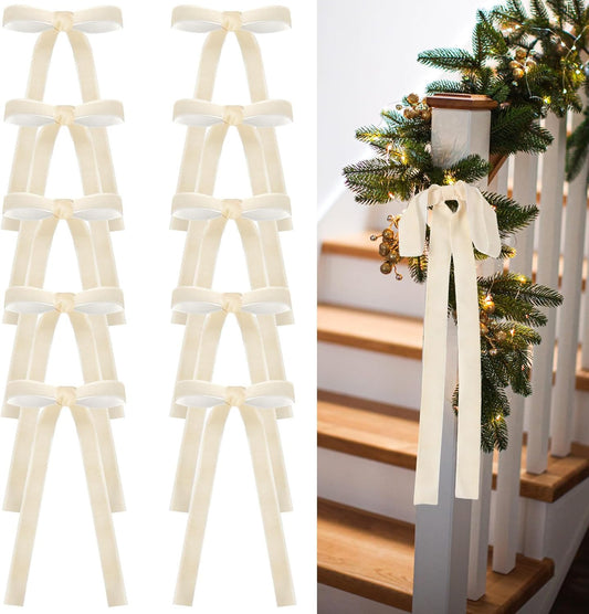 Skiennix 24 Pcs Velvet Bows - Vintage Ribbon Bows for Christmas Tree & Crafts | Beige, 9 x 13 Inch