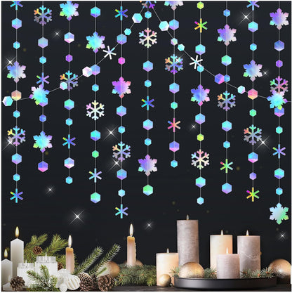 Skiennix 52 Ft Snowflake Garland Decorations - Holographic Twinkle Hanging Streamer for Events