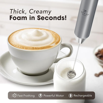 Zulay Kitchen Rechargeable Milk Frother - Powerful 2-Speed Motor, 2000mAh Battery | Handheld Mixer for Latte, Cappuccino & Matcha - Silver