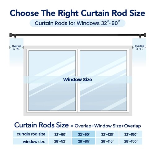 2 Pack Curtain Rods for Windows 48 to 84 Inch(4-7ft), 1 Inch Black Adjustable Heavy Duty Curtain Rod Set, Outdoor Long Drapery Rods for Patio Bedroom, Size 32"- 90"