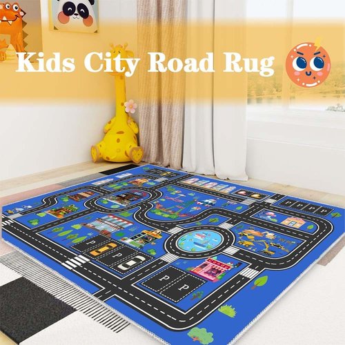 Fuzorise Kids Car Road Rug for Playroom, Washable Non-Slip Kids Rug for Girls & Boys Bedroom, Kids Carpet Educational City Traffic Route Playmat for Classroom