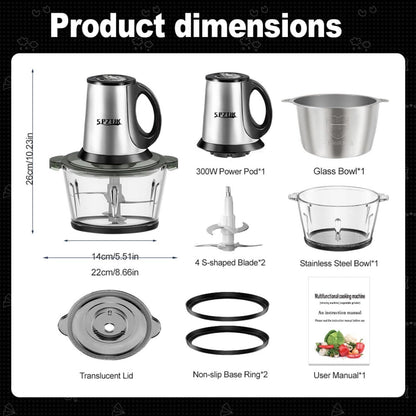 Skiennix 3-Speed Electric Food Processor - Versatile Meat Grinder & Vegetable Chopper | 300W, 2 Bowls (8 Cup Stainless Steel + 8 Cup Glass)
