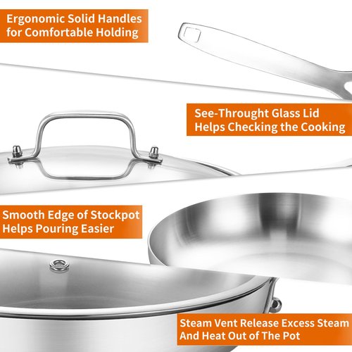 DELARLO 10inch Tri-Ply Stainless Steel Pan with lid, Induction Stainless Steel Frying Pan With Lid, Oven Safe Skillet 10in, Heat quickly and evenly, Durable Stainless Steel Cookware