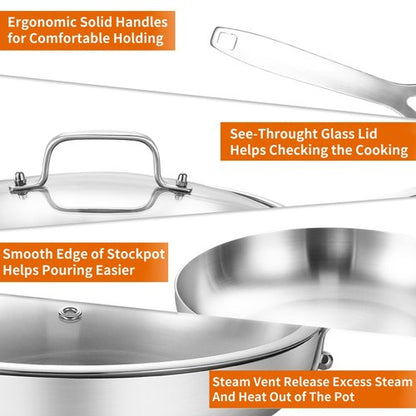 DELARLO 10inch Tri-Ply Stainless Steel Pan with lid, Induction Stainless Steel Frying Pan With Lid, Oven Safe Skillet 10in, Heat quickly and evenly, Durable Stainless Steel Cookware