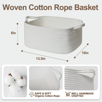 WILLITAT Cute White Woven Basket, Empty Gift Basket for Christmas, Thanksgiving, Easter, Birthday, Cotton Rope Storage Bin with Handle for Gifts, Toy, Blanket, Cat Dog Toy Box, Baby Nursery Organizer