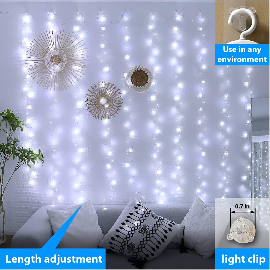 ZSJWL 300 LED White Curtain Lights - 9.8x9.8Ft Fairy String Lights with Remote & Timer for Indoor/Outdoor Use