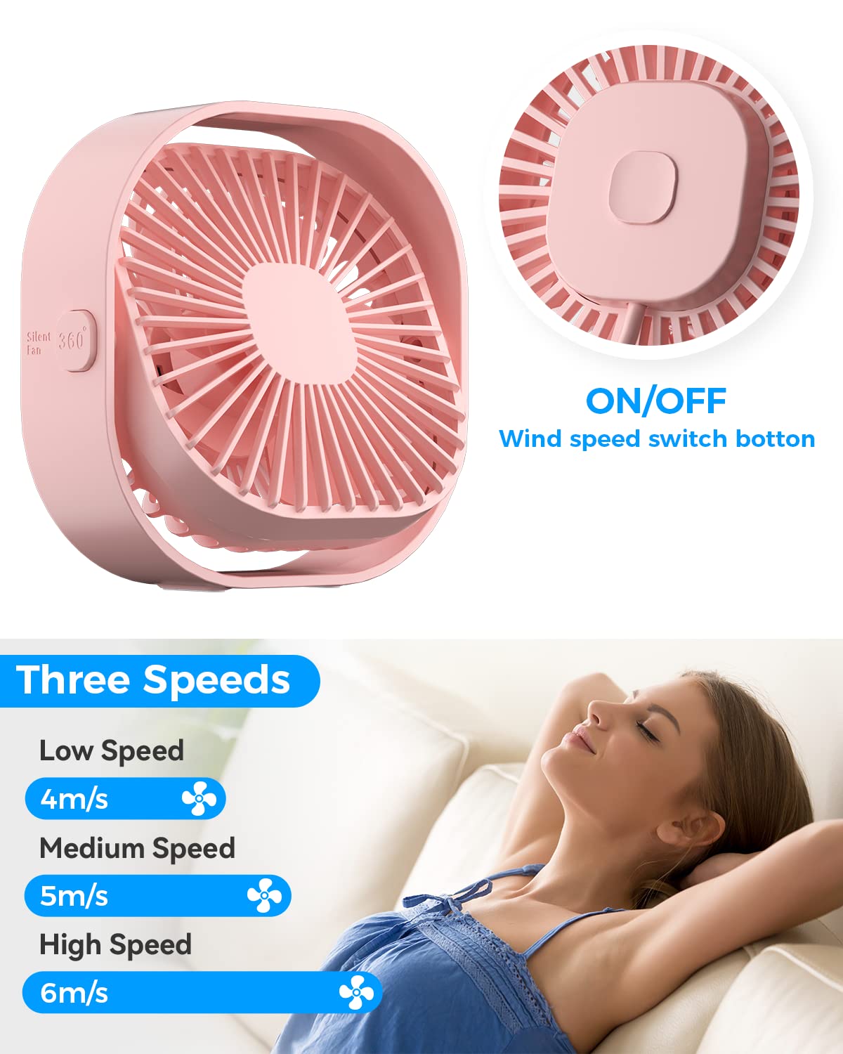 RJVW 4 Inch Small USB Desk Fan, 3-Speed Portable & 360°Rotatable Mini Cooling Fan, USB-Powered Desktop Fan for Home Office Bedroom Dorm Indoor Outdoor Summer Gift