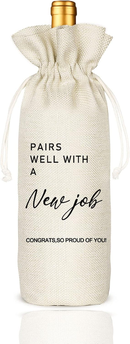 Socive Pairs Well with New Job Wine Bag, Burlap Wine Bottle Bag for New Job, Gift for Her Him, Congrats on the Coworker, Boss, Friends, Colleague