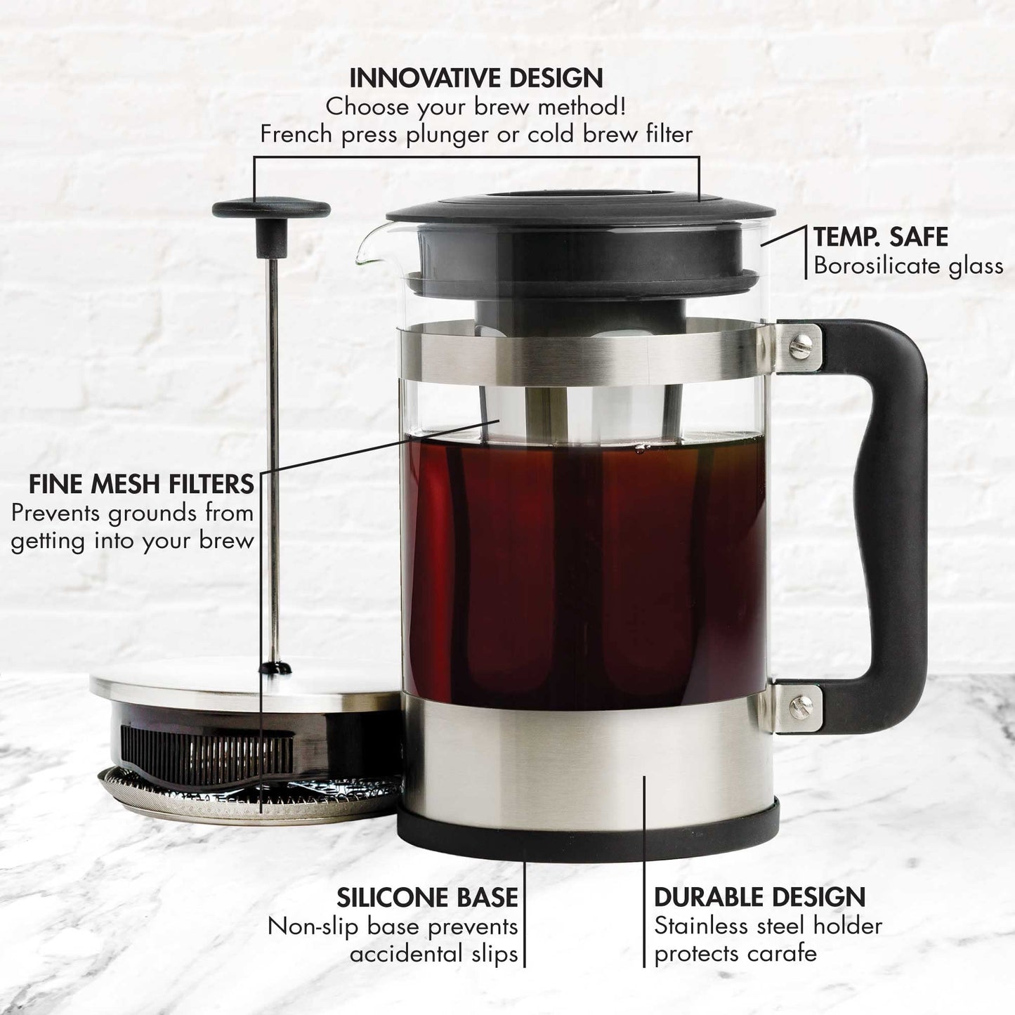 Primula 2-in-1 Coffee Maker, Make French Press Coffee and Cold Brew Coffee in One Coffee Maker, Comfort Grip Handle, Durable Glass Carafe, Perfect 6 Cup Size