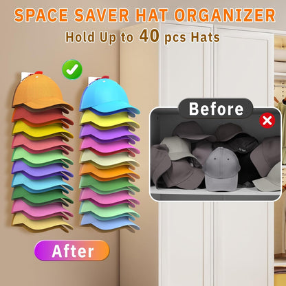 Volnamal Hat Organizer - 2 Pack Baseball Cap Rack Holds Up to 40 Hats | Space-Saving Wall Hanger (White & Color)