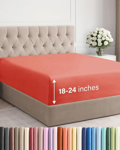 Extra Deep King Fitted Sheet - Hotel Luxury Single Fitted Sheet Only - Easily Fits 18 inch to 24 inch Mattress - Ultra Soft, Wrinkle Free w/Extra Deep Pockets - Easy-Care, Breathable & Comfy - Coral