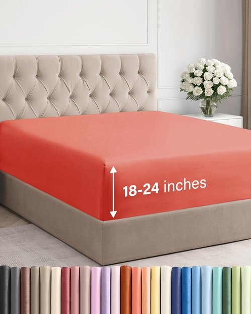 Extra Deep King Fitted Sheet - Hotel Luxury Single Fitted Sheet Only - Easily Fits 18 inch to 24 inch Mattress - Ultra Soft, Wrinkle Free w/Extra Deep Pockets - Easy-Care, Breathable & Comfy - Coral
