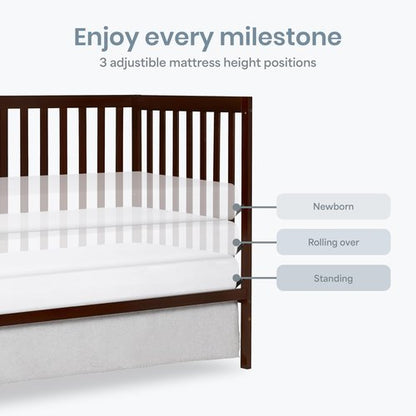 Dream On Me Synergy 5-in-1 Convertible Full-Size Baby Crib with Toddler, Day & Full Bed Conversion in Espresso, GreenGuard Gold & BSA, 3 Mattress Heights, Sustainable Pinewood