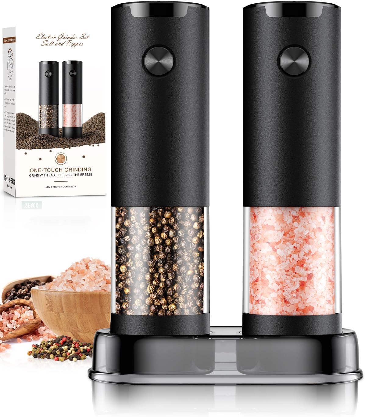 Skiennix Electric Salt and Pepper Grinder Set - Automatic Battery Operated | Adjustable Coarseness, LED Light, Large Capacity
