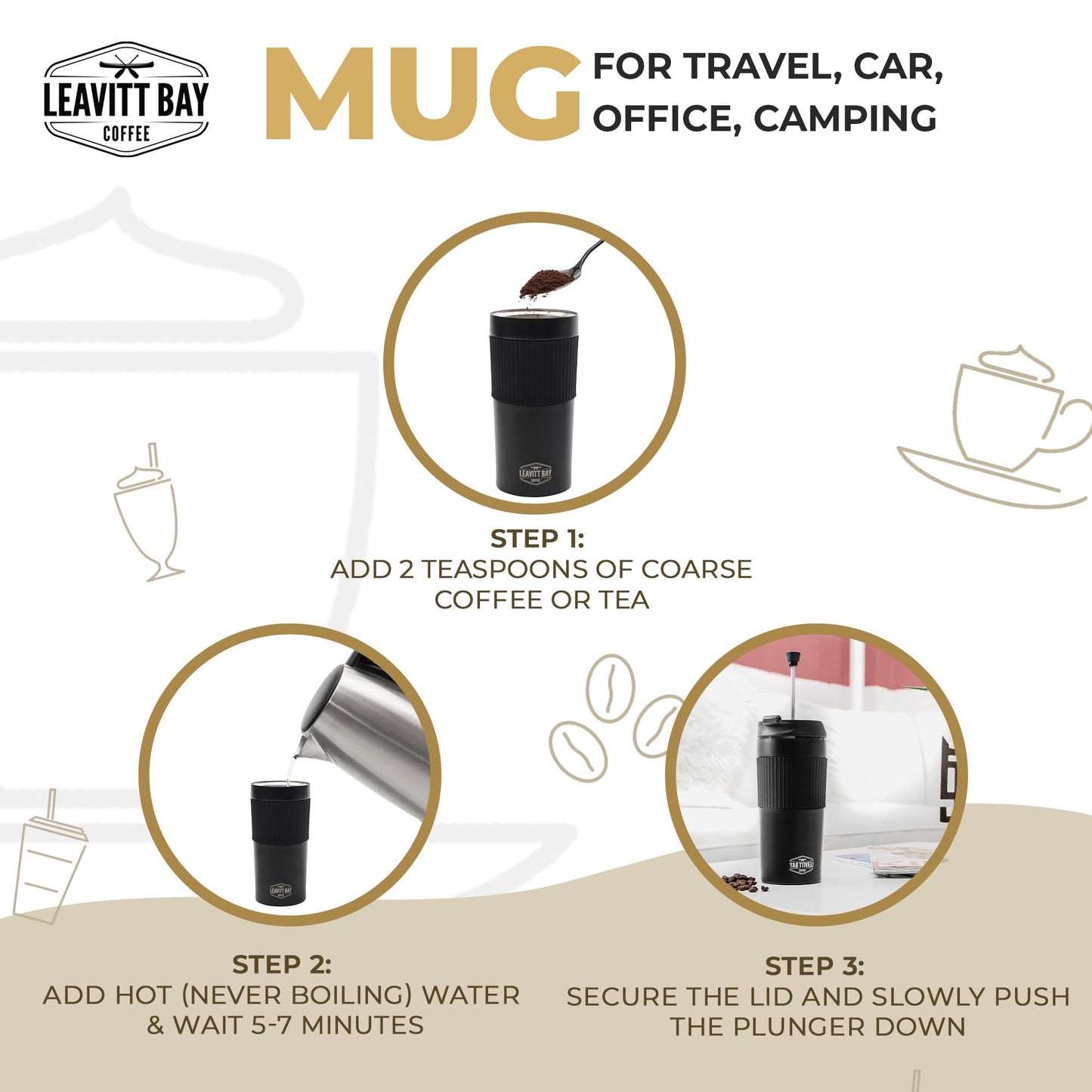 Portable French Press Travel Mug (15oz) - Stainless Steel & Double Wall Vacuum Black Coffee Maker – Single Serve French Press for Travel, Home, Office, or Camping - No Leak Coffee or Tea Press Tumbler