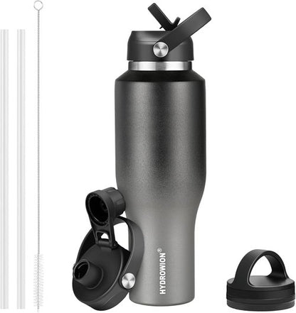 HYDROWION Insulated Water Bottle - 40 oz Stainless Steel Tumbler with Leak-Proof Straw & Flex Cap | Black & Grey