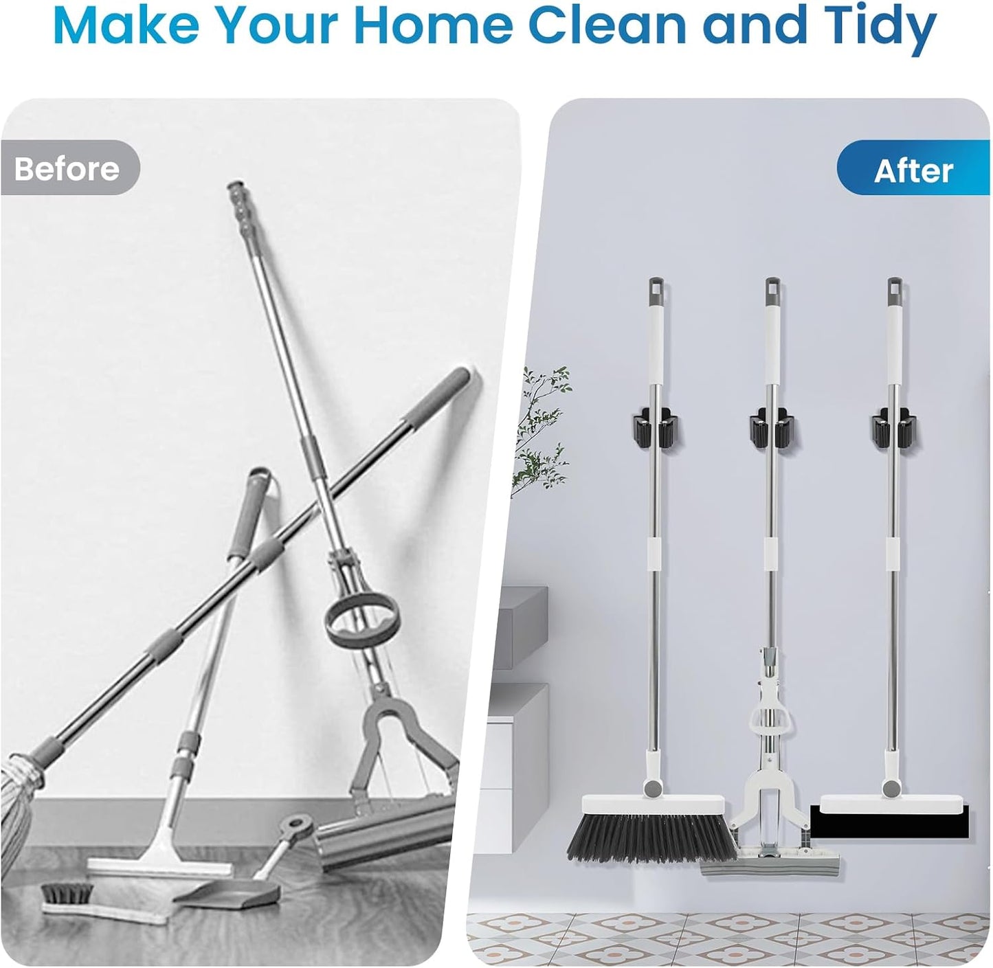 Skiennix Broom Holder Wall Mount - Heavy-Duty Stainless Steel Mop Hanger with Screws | 4-Piece Set (Black)