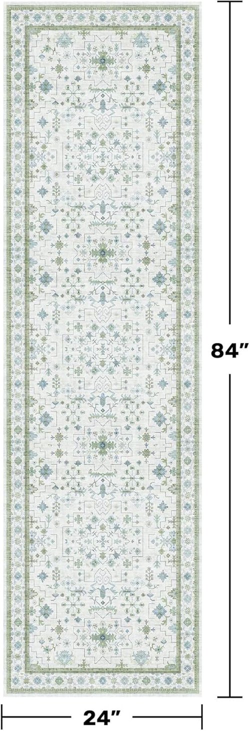 Hazo Haus Boho Bathroom Runner - Cream Green Oushak Floral Turkish | Washable Non-Slip Accent Rug 2x7