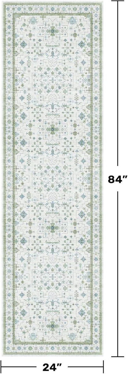 Hazo Haus Boho Bathroom Runner - Cream Green Oushak Floral Turkish | Washable Non-Slip Accent Rug 2x7