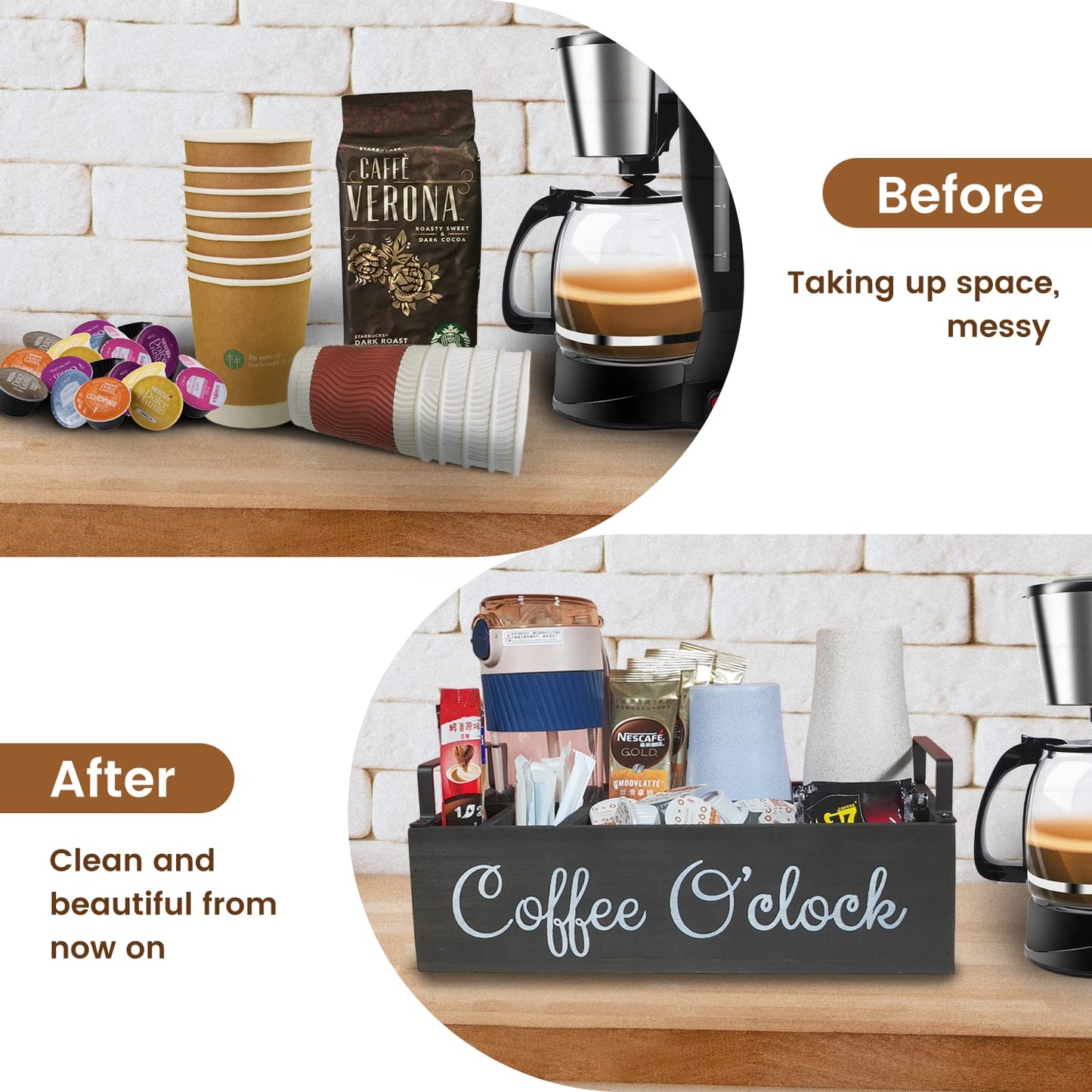 QUALLON Coffee Station Organizer with Small Removable Dividers, Wooden Coffee Bar Accessories Storage For Countertop, Farmhouse Kcup Coffee Pod Holder Basket With Handle For Coffee Lover-black