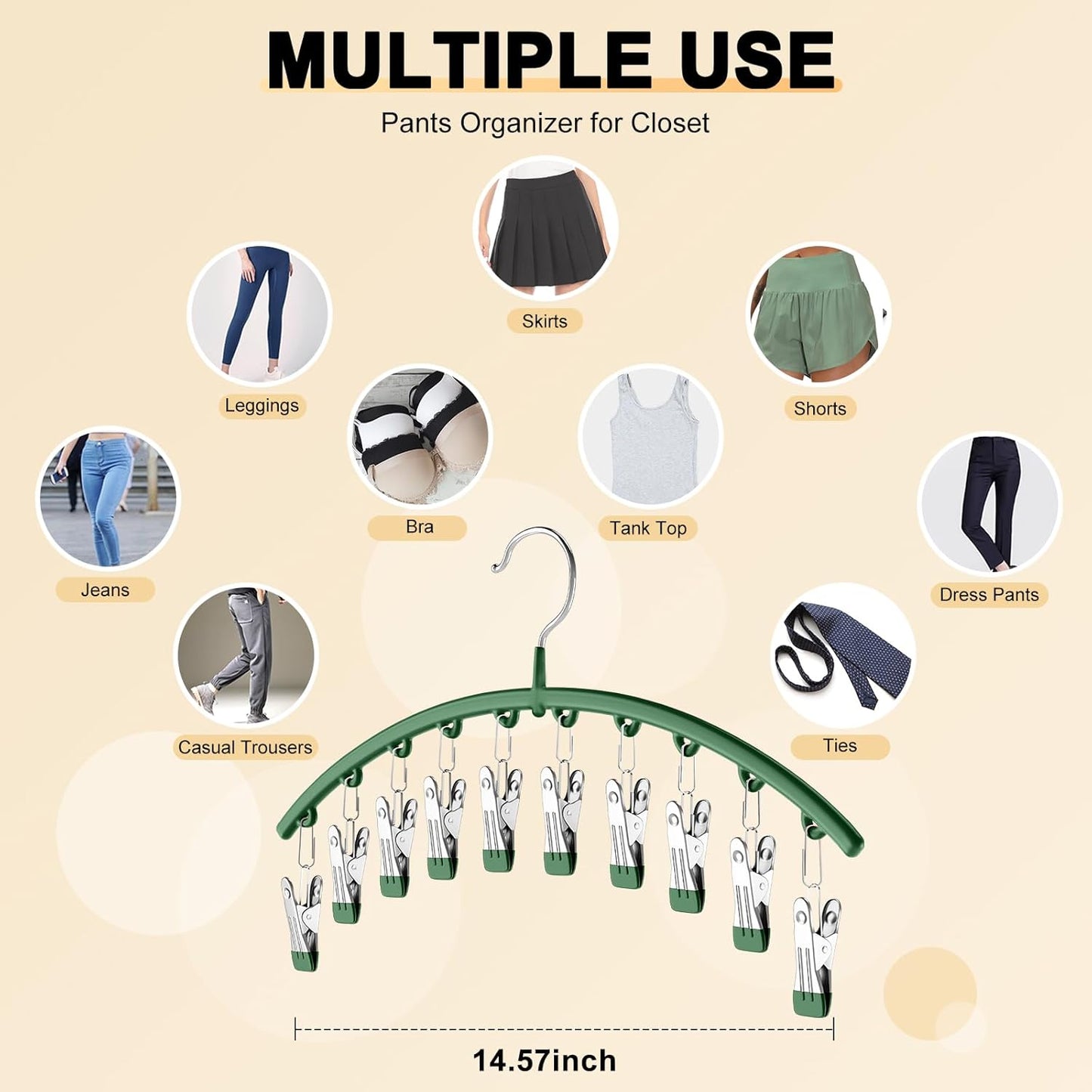 Skiennix Legging Organizer - Metal Yoga Pants Hangers with 10 Clips for Space-Saving Storage | Green