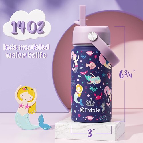 Fimibuke Kids Insulated Water Bottle - 14oz BPA-Free Double Wall Tumbler | Leak-Proof Metal Cups (2 Pack, Rainbow/Mermaid)