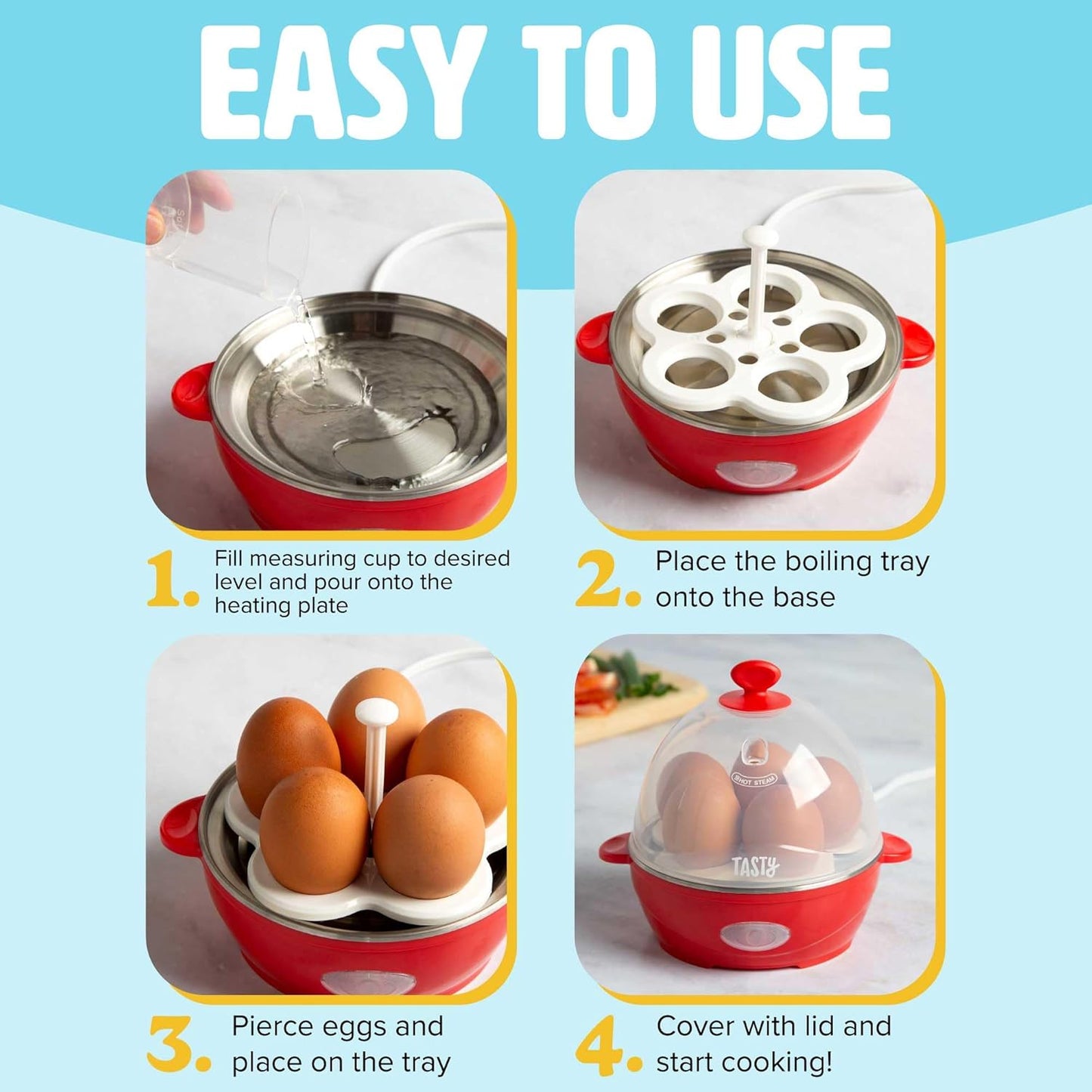 Tasty Mini Egg Cooker - 5-Egg Capacity for Perfect Hard Boiled Eggs & Omelets | Auto Shut Off, Red