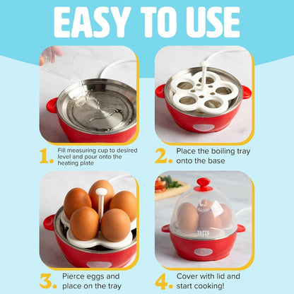 Tasty Mini Egg Cooker - 5-Egg Capacity for Perfect Hard Boiled Eggs & Omelets | Auto Shut Off, Red
