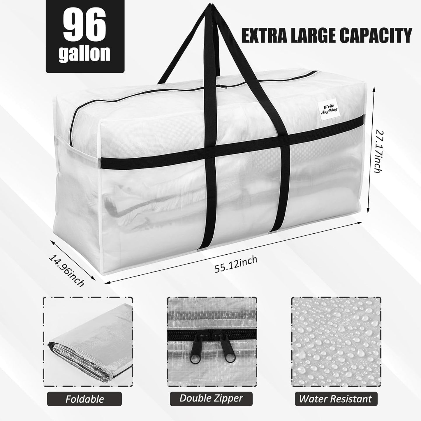 Skiennix 96 Gallon Extra Large Moving Bags - Heavy Duty Storage Tote with Strong Zipper Handle | Clear, Foldable Design