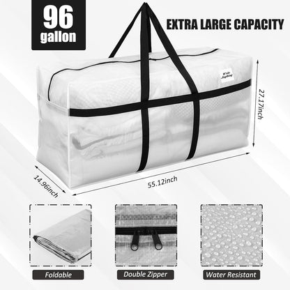 Skiennix 96 Gallon Extra Large Moving Bags - Heavy Duty Storage Tote with Strong Zipper Handle | Clear, Foldable Design